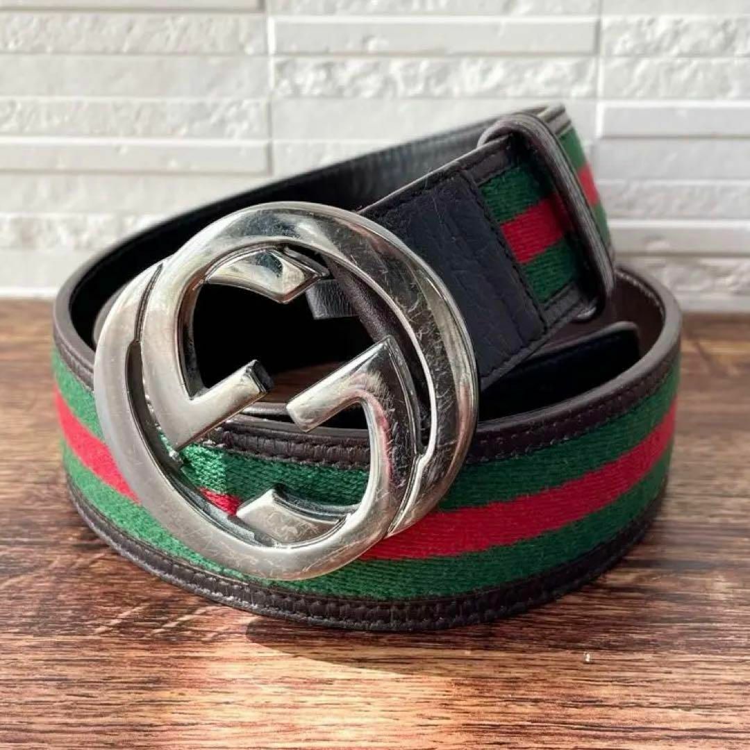 Gucci(グッチ)のグッチ シェリーライン レザー GG インターロッキング バックル ベルト メンズのファッション小物(ベルト)の商品写真