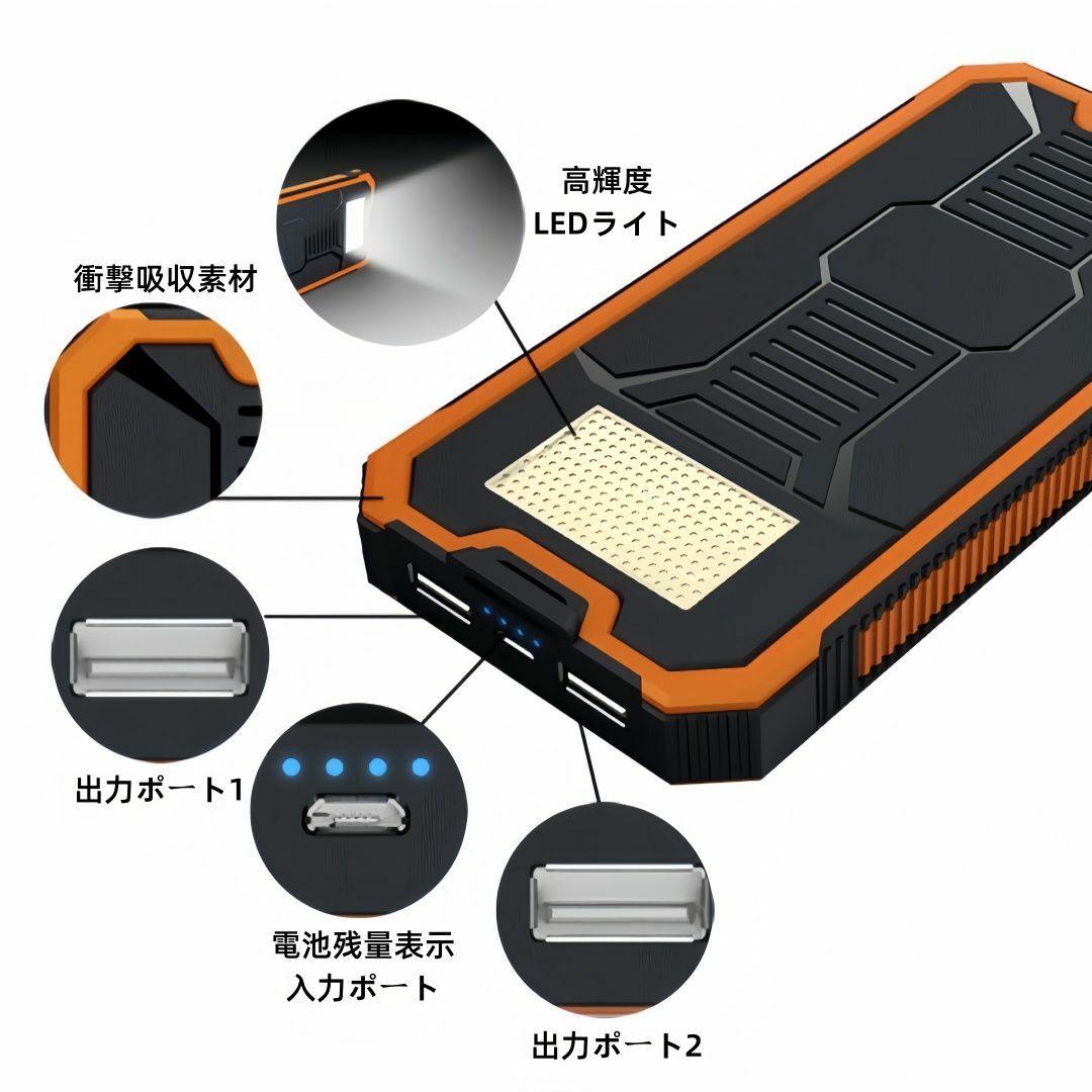 ソーラーモバイルバッテリー 20000mAh 超大容量 軽量 ライト付き　PSE スマホ/家電/カメラのスマートフォン/携帯電話(バッテリー/充電器)の商品写真