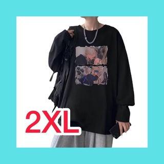 メンズ　ロンT　プリント　Tシャツ　オーバーサイズ　黒　2XL　韓国(Tシャツ/カットソー(七分/長袖))