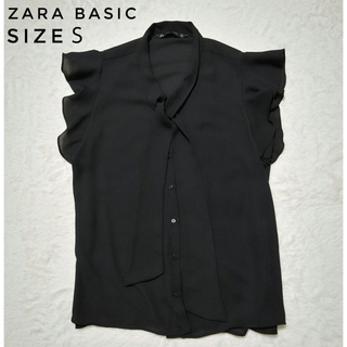 ザラ(ZARA)のZARA BASIC トップス ノースリーブ ボータイ フリル ブラック シャツ(シャツ/ブラウス(半袖/袖なし))
