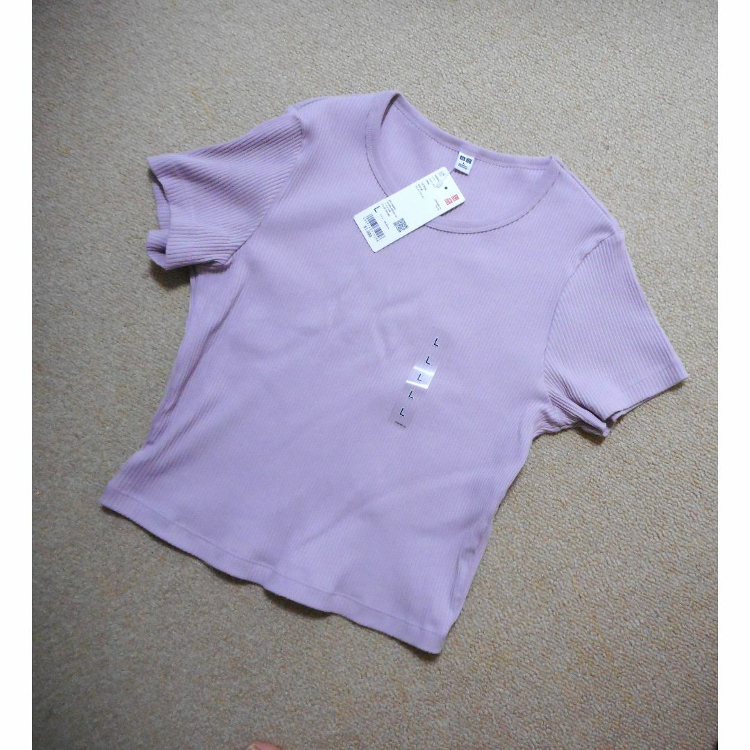UNIQLO(ユニクロ)の新品 リブクロップトT（半袖L）モーブピンク 綿93％ ユニクロ レディースのトップス(Tシャツ(半袖/袖なし))の商品写真