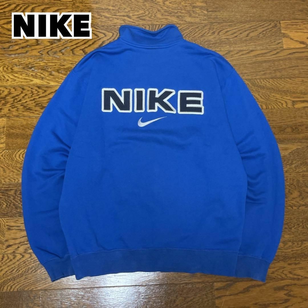 NIKE(ナイキ)の90s NIKE ナイキ ハーフジップスウェット トレーナー 刺繍ロゴ ブルー メンズのトップス(スウェット)の商品写真