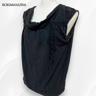 ビーシービージーマックスアズリア(BCBGMAXAZRIA)のBCBGMAXAZRIA フリンジ カットソー ノースリーブ 黒 XS(カットソー(半袖/袖なし))