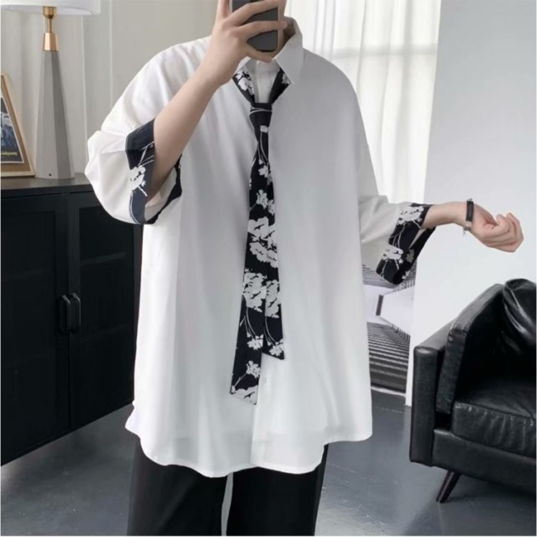 【セール】メンズ　ロンT　XL　白　韓国　七分袖　羽織　薄手　ネクタイ メンズのトップス(Tシャツ/カットソー(七分/長袖))の商品写真
