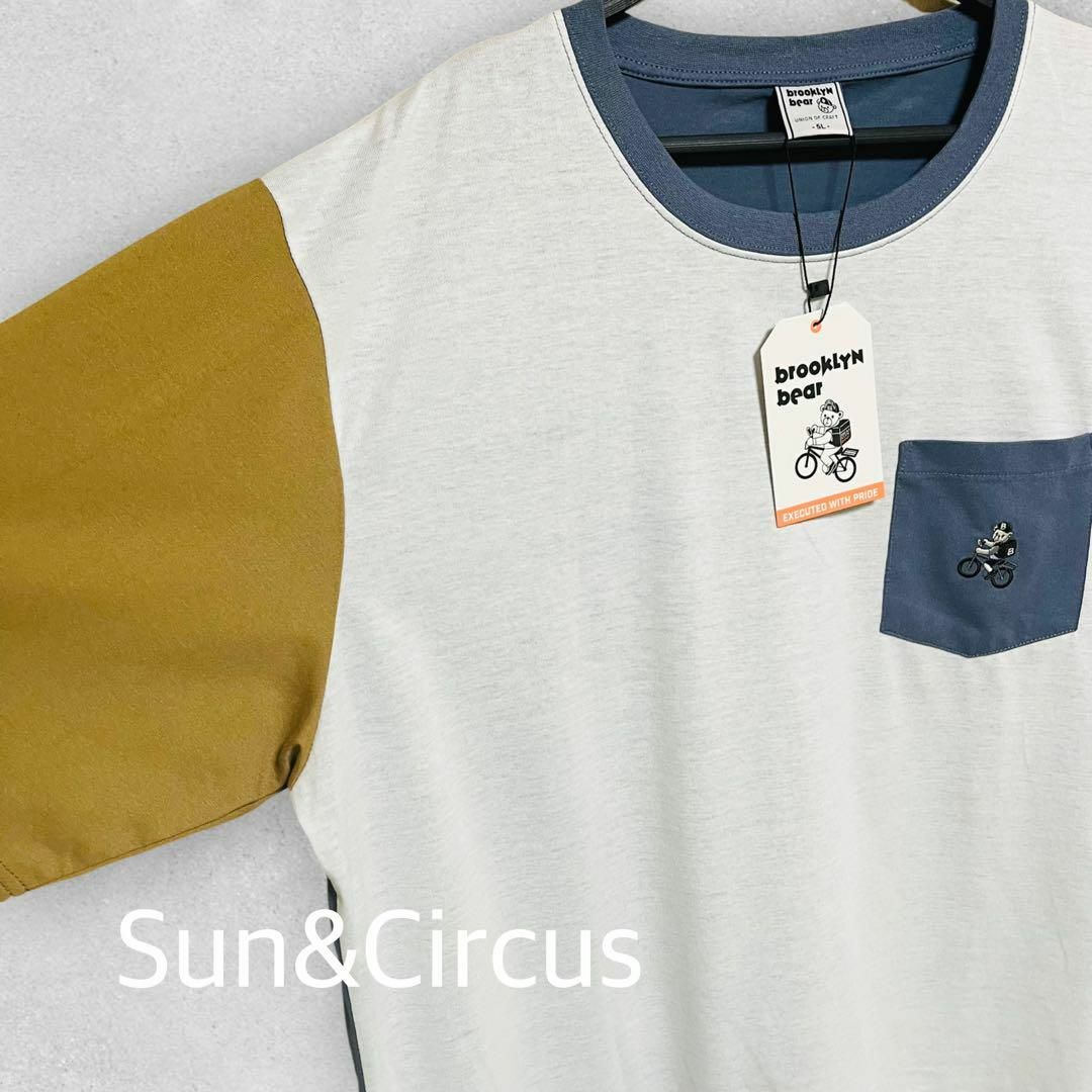 メンズ大きいサイズ5L くま刺繍 胸ポケット付き 切り替えデザイン 半袖Tシャツ メンズのトップス(Tシャツ/カットソー(半袖/袖なし))の商品写真