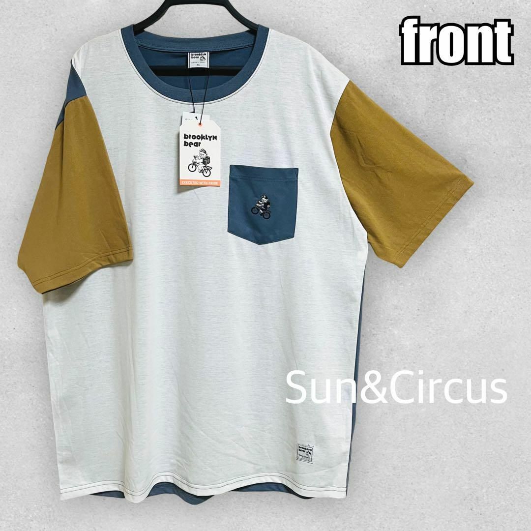 メンズ大きいサイズ5L くま刺繍 胸ポケット付き 切り替えデザイン 半袖Tシャツ メンズのトップス(Tシャツ/カットソー(半袖/袖なし))の商品写真