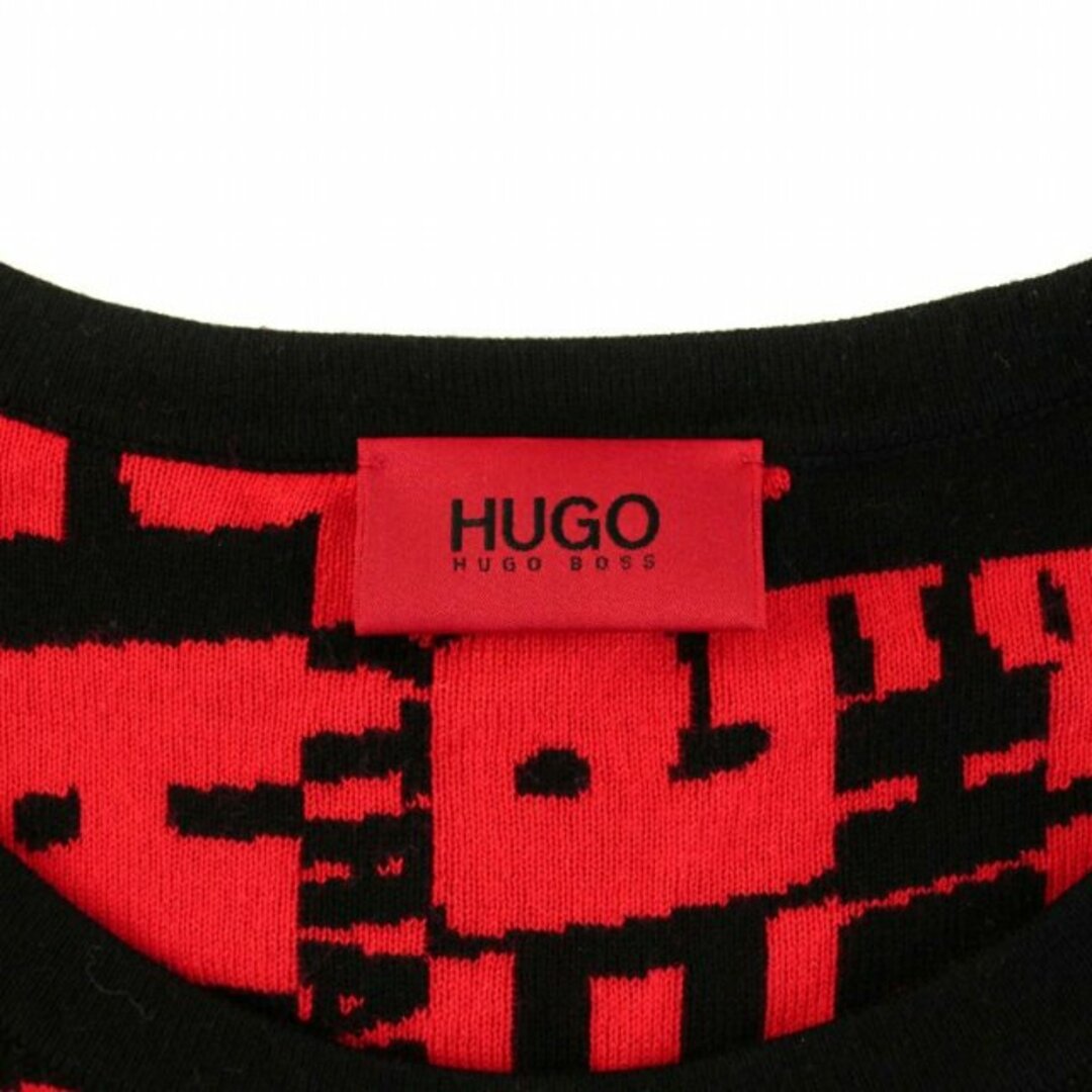 HUGO BOSS(ヒューゴボス)のヒューゴボス ニット セーター クルーネック 長袖 ロゴプリント XL 赤 黒 メンズのトップス(ニット/セーター)の商品写真