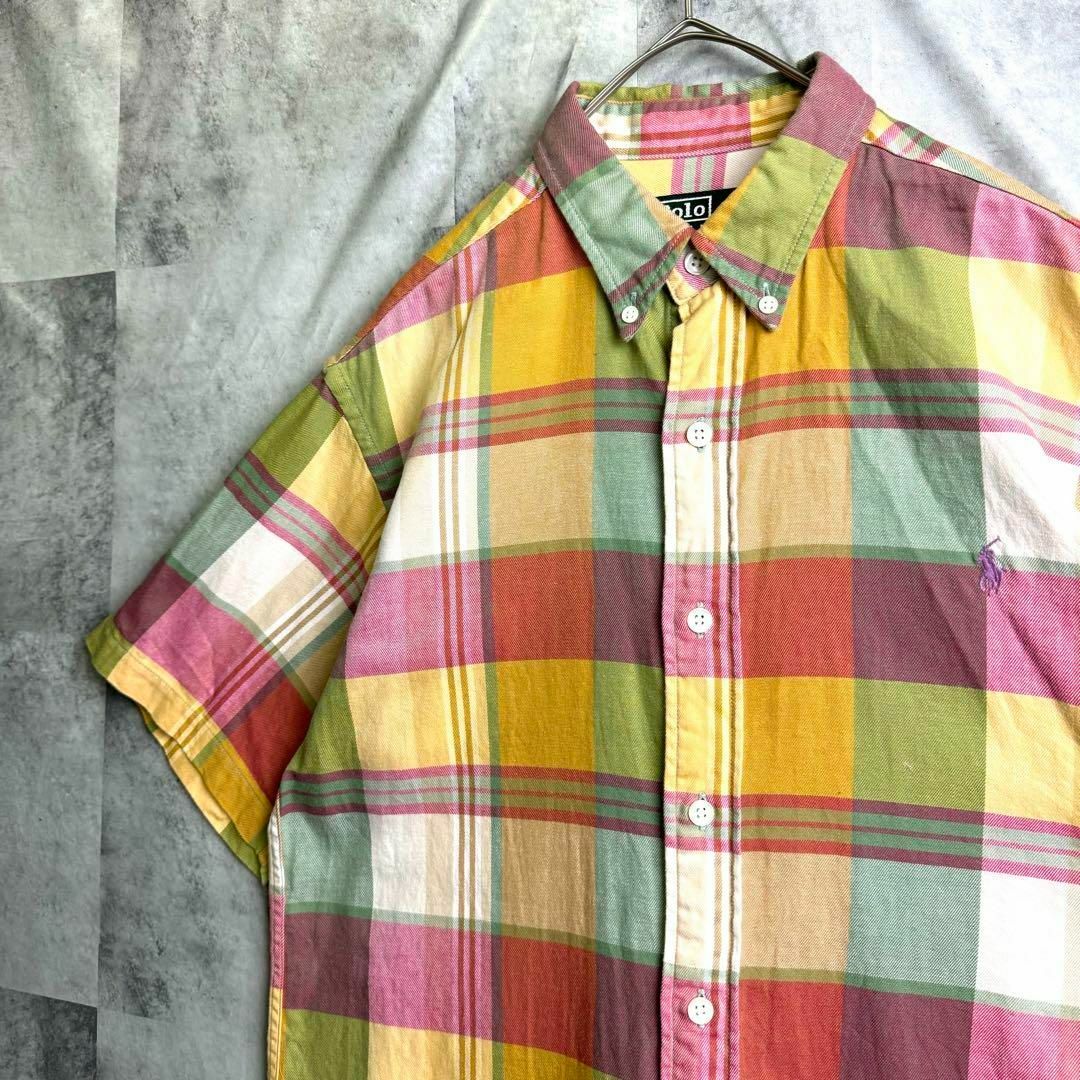 POLO RALPH LAUREN(ポロラルフローレン)の希少 美品 80s ポロバイラルフローレン 半袖BDシャツ マドラスチェック L メンズのトップス(シャツ)の商品写真