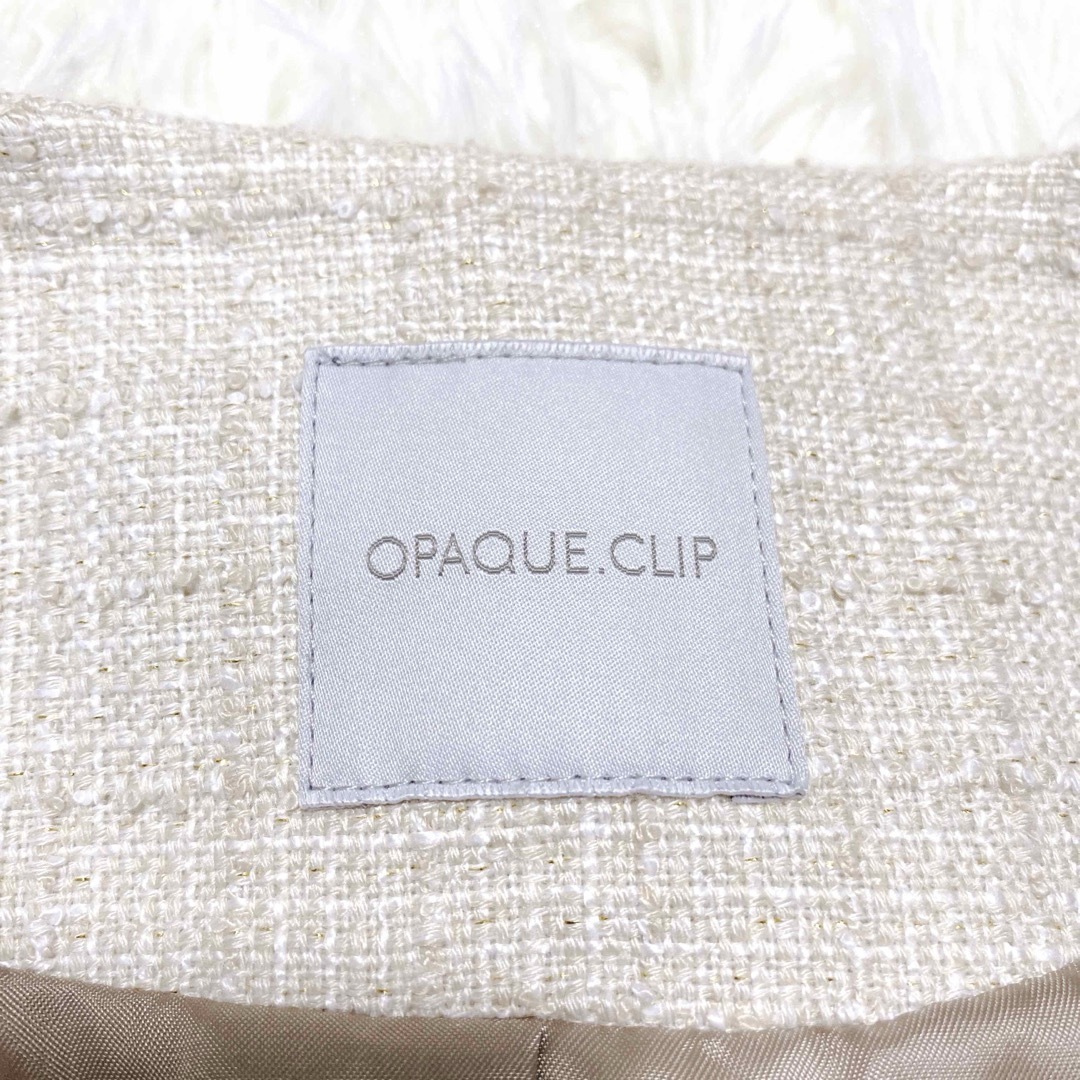 OPAQUE.CLIP(オペークドットクリップ)の美品【OPAQUE.CLIP】ノーカラージャケット　ツイード　ベージュ38(M) レディースのジャケット/アウター(ノーカラージャケット)の商品写真