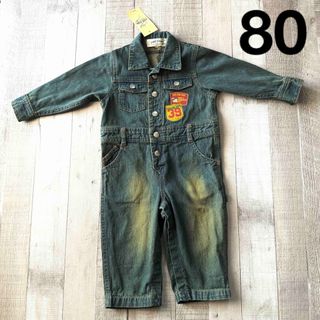 ● JEANS STORY デニム つなぎ ロンパース USED加工 80 ●(カバーオール)