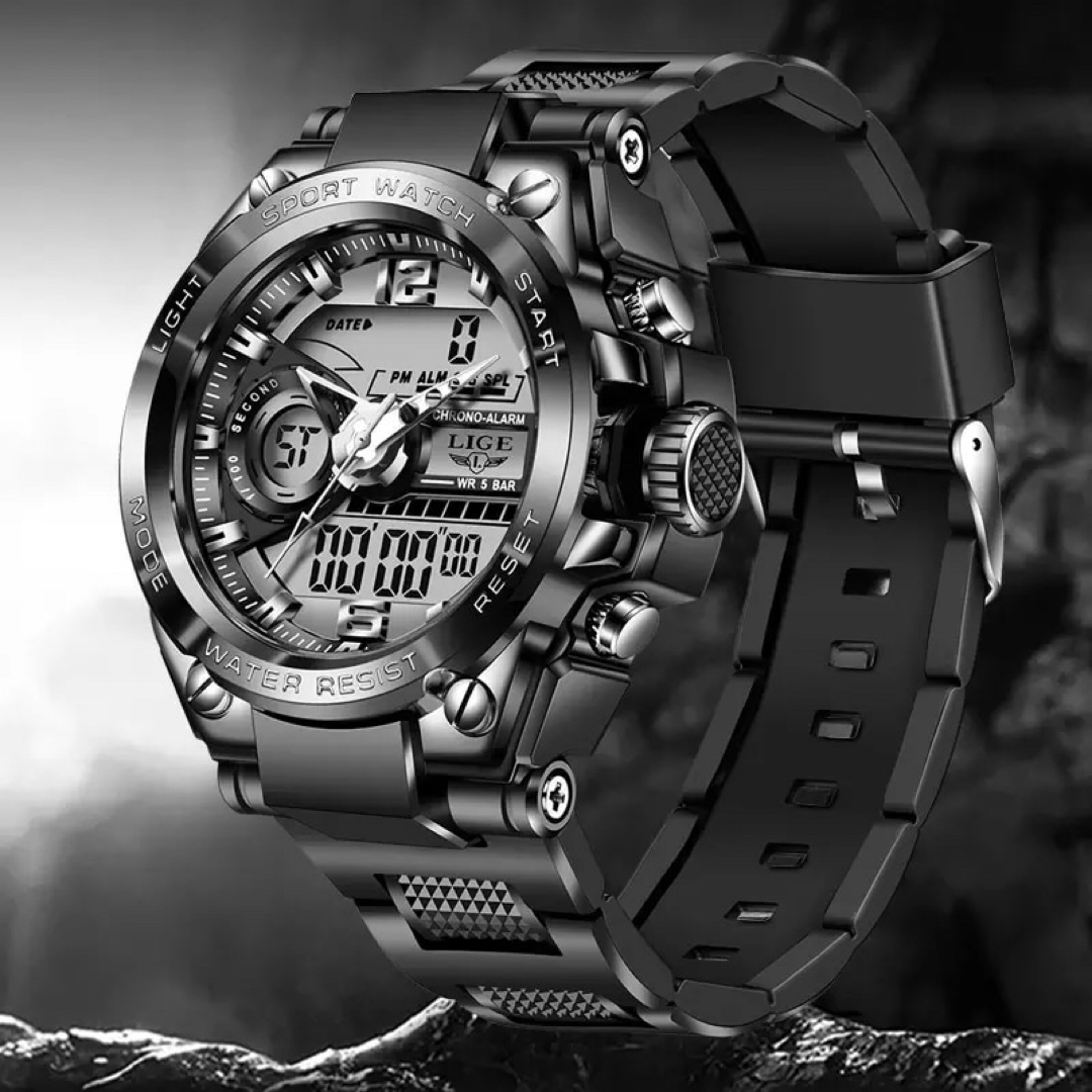 新品 LIGE スポーツデュアルウォッチ 50m防水 メンズ腕時計 ブラック メンズの時計(腕時計(アナログ))の商品写真