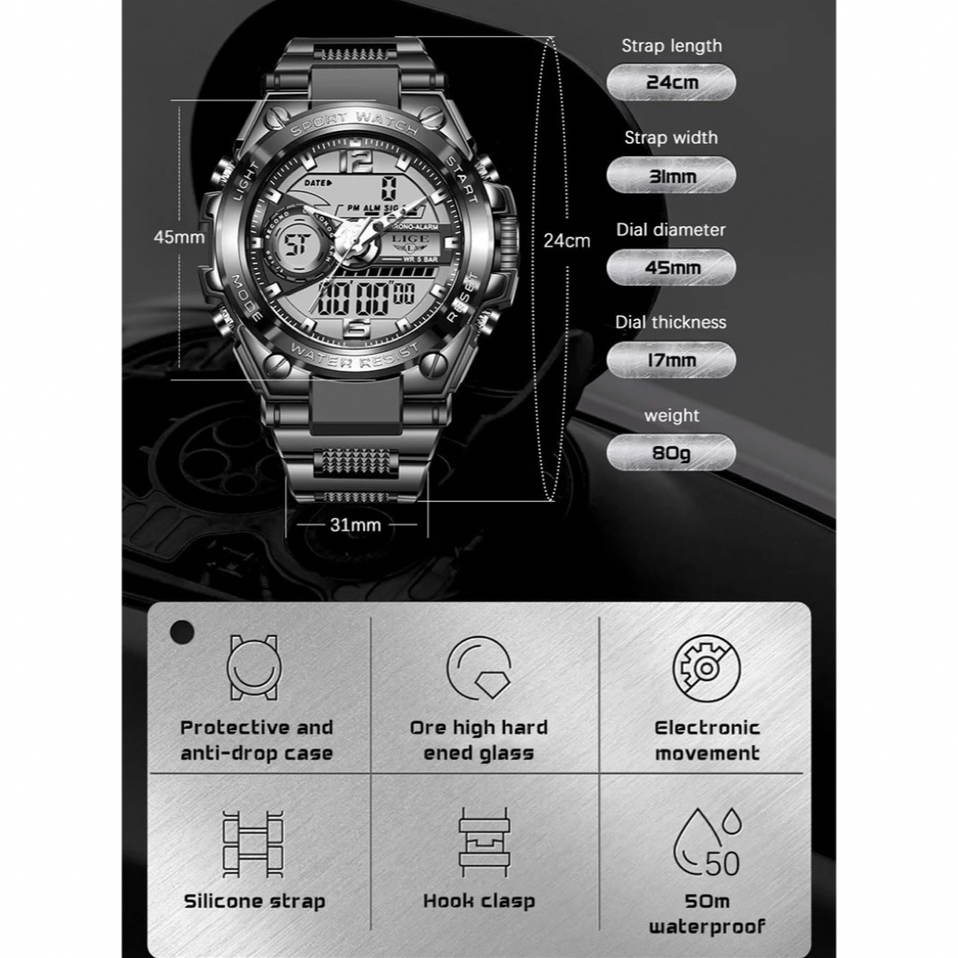 新品 LIGE スポーツデュアルウォッチ 50m防水 メンズ腕時計 ブラック メンズの時計(腕時計(アナログ))の商品写真