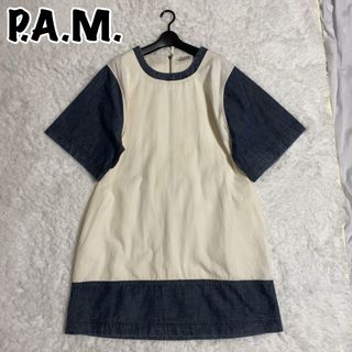 パム(P.A.M.)の美品！希少！P.A.M. ひざ丈ワンピース 半袖 デニム切替 S(ロングワンピース/マキシワンピース)