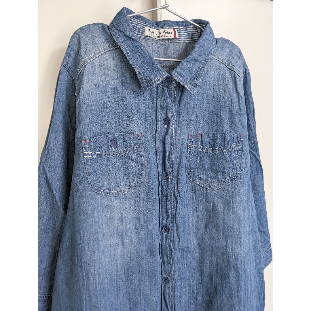 【2点セット】デニム シャツワンピース ロングシャツ 大きいサイズ ニット帽 綿 レディースのワンピース(ひざ丈ワンピース)の商品写真