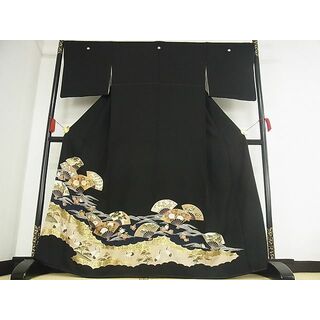 平和屋-こころ店■豪華黒留袖　駒刺繍　扇面群鶴花文　金彩　鈴乃屋扱い　正絹　逸品　AAAD1442Ahg(着物)