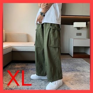 カーゴパンツ ワイド ユニセックス メンズ  袴パンツ カーキ　XL ダボ 人気