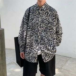 グレー シャツ 豹柄 ヒップホップ 2XL ビッグシルエット 長袖 メンズ 韓国(シャツ)