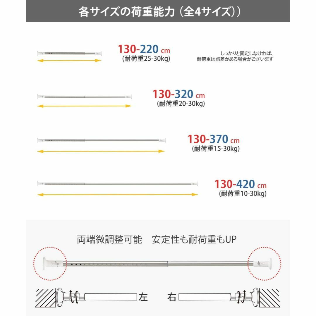 【サイズ:130-420cm】突っ張り棒 強力 4m つっぱり棒 ステンレス 伸 インテリア/住まい/日用品の日用品/生活雑貨/旅行(日用品/生活雑貨)の商品写真