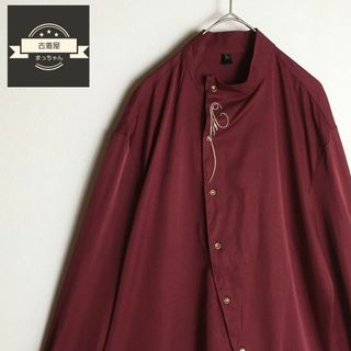 【長袖シャツ】バンドカラー 刺繍デザイン 斜めボタン Lサイズ ワインレッド(シャツ)