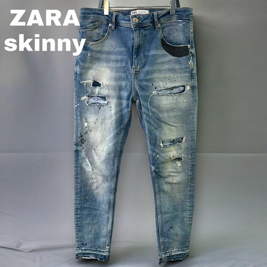 ZARA(ザラ)のZARA ダメージデニムスキニージーンズ 立体US32 ペイント インディゴ メンズのパンツ(デニム/ジーンズ)の商品写真