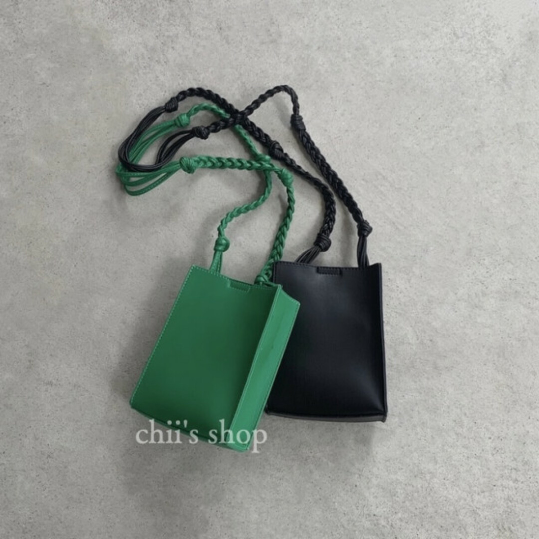 三つ編み ロープ ショルダーバッグ フェイクレザー 緑 韓国通販 海外通販 レディースのバッグ(ショルダーバッグ)の商品写真
