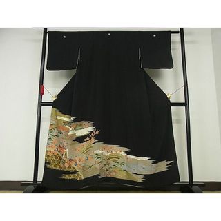 平和屋-こころ店■豪華黒留袖　風景花籬文　金彩　正絹　逸品　AAAD1396Ahg(着物)