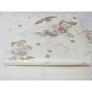 平和屋-こころ店◎九寸名古屋帯　飛鶴花束文　金銀彩　正絹　逸品　AAAE7580Abw(帯)