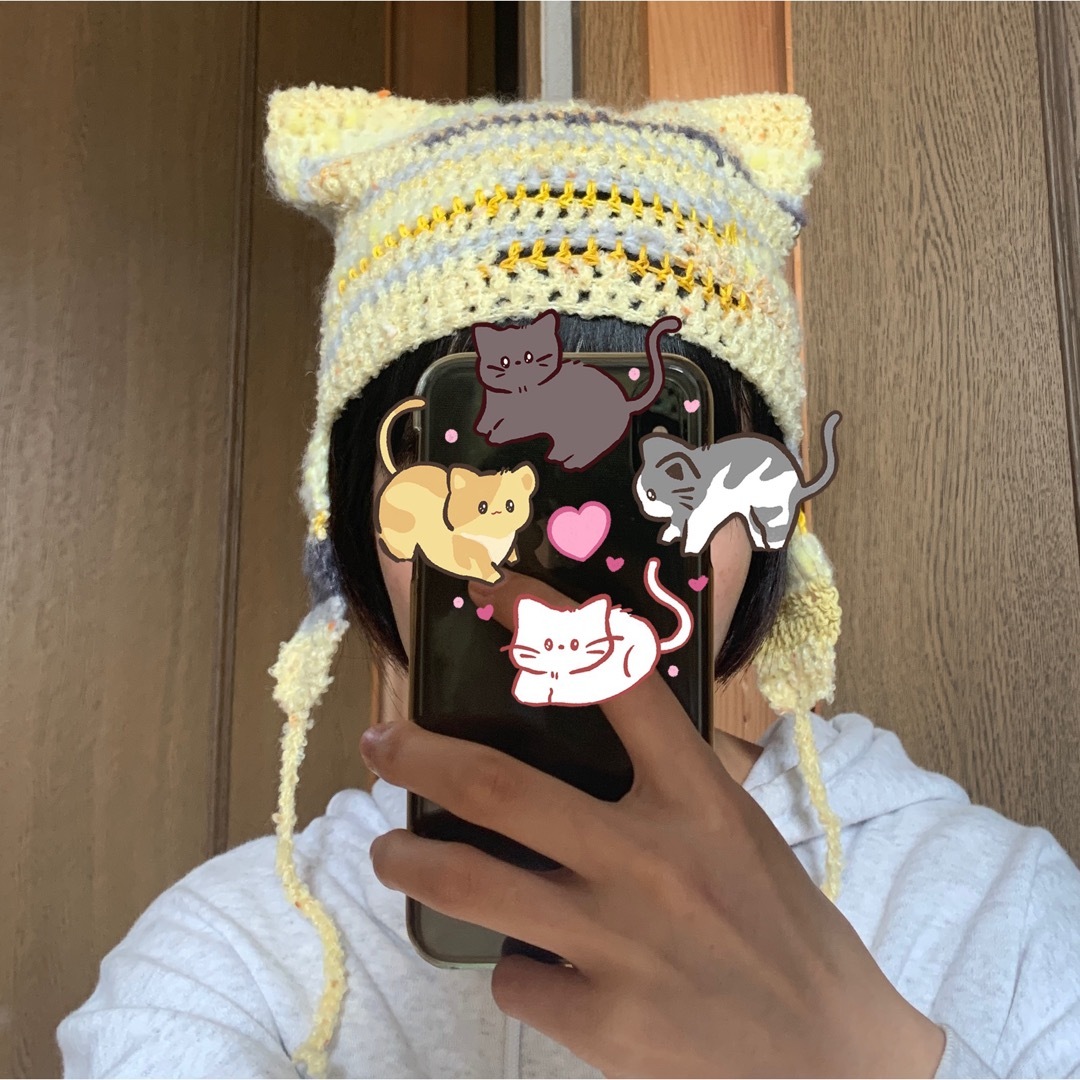 ハンドメイド　ネコ耳ニット帽　猫耳帽子　クロシェハット　IU 宮脇咲良 ハンドメイドのファッション小物(帽子)の商品写真