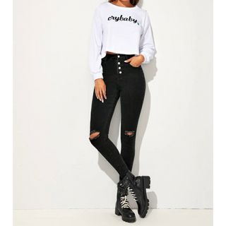 シーイン(SHEIN)のレディース ハイウエストスキニーパンツ デニムパンツ 新品✮ Lサイズ(スキニーパンツ)