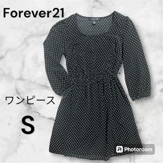 フォーエバートゥエンティーワン(FOREVER 21)のForever21 ドット柄 ワンピース ウエストゴム  黒 フォエーバー21(ひざ丈ワンピース)