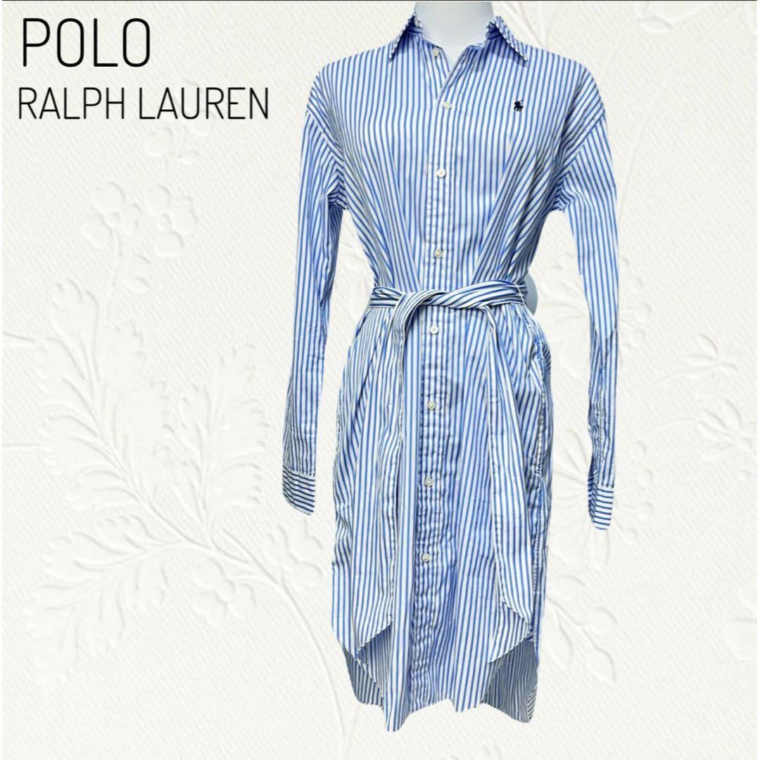 POLO RALPH LAUREN(ポロラルフローレン)のポロラルフローレン　ストライプ　シャツワンピース　L ブルー　ポニー　ベルト付き レディースのワンピース(ひざ丈ワンピース)の商品写真