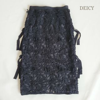 デイシー(deicy)のデイシー サイドリボンレースタイトスカート 黒 0(S) 花柄モチーフ(ひざ丈スカート)