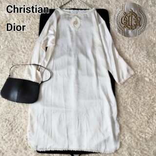 Christian Dior - 美品 クリスチャンディオール サテン CDロゴ刺繍 ワンピース スリットゆったり