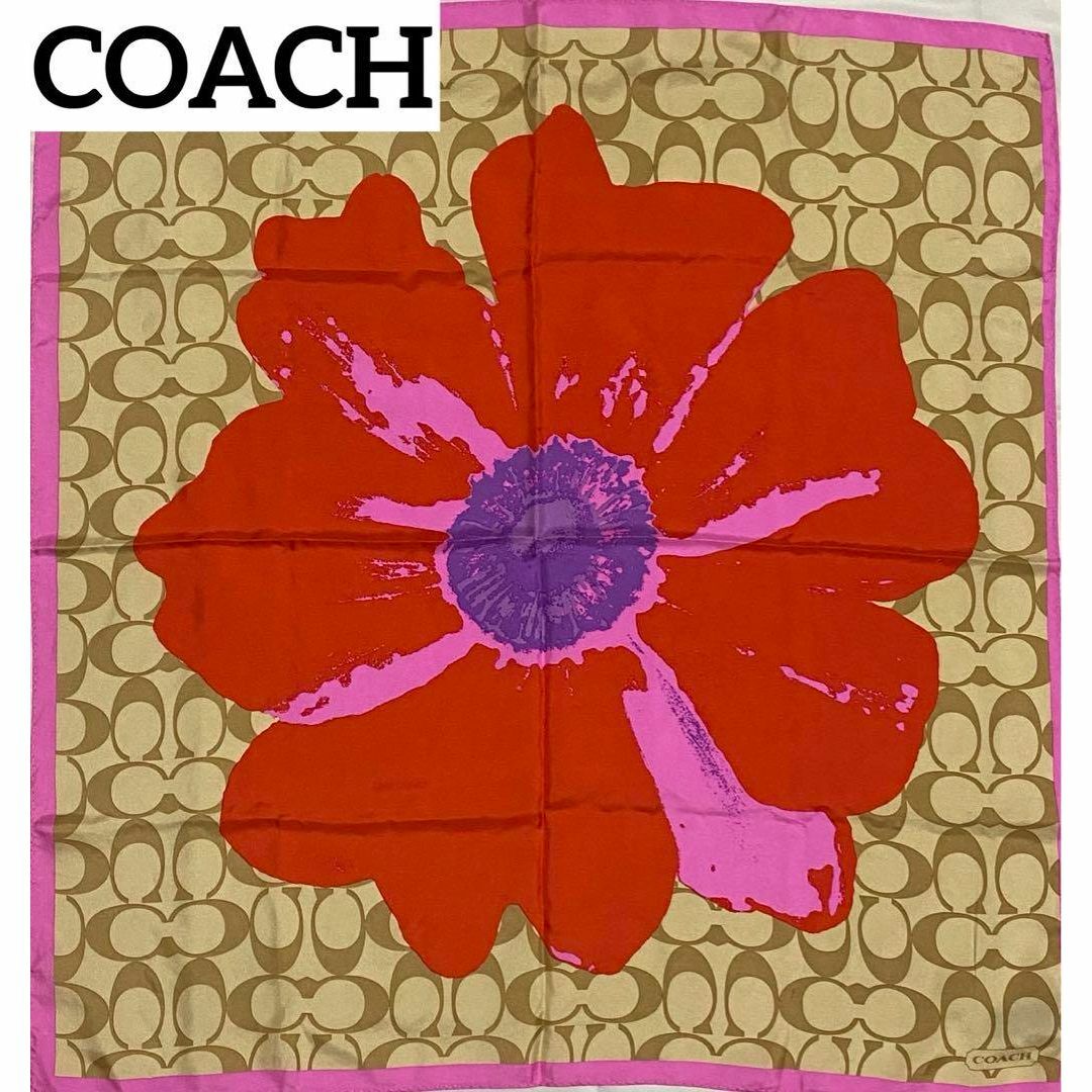 COACH(コーチ)の★COACH★ スカーフ Cロゴ 花 シルク ベージュ ピンク レッド レディースのファッション小物(バンダナ/スカーフ)の商品写真