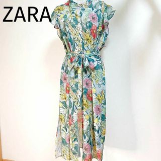 ザラ(ZARA)の【極美品】　ZARA  花柄　半袖　ロングワンピース　Mサイズ(ロングワンピース/マキシワンピース)