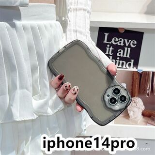iphone14proケース　透明　波型花 耐衝撃ブラック273(iPhoneケース)