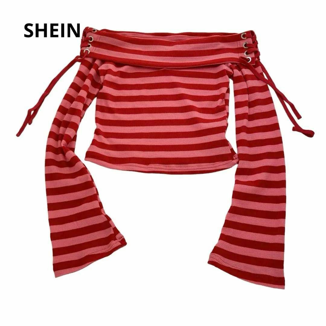 SHEIN(シーイン)のSHEIN ストライプ　オフショルダー　ピンク　レッド　リボン レディースのトップス(カットソー(長袖/七分))の商品写真