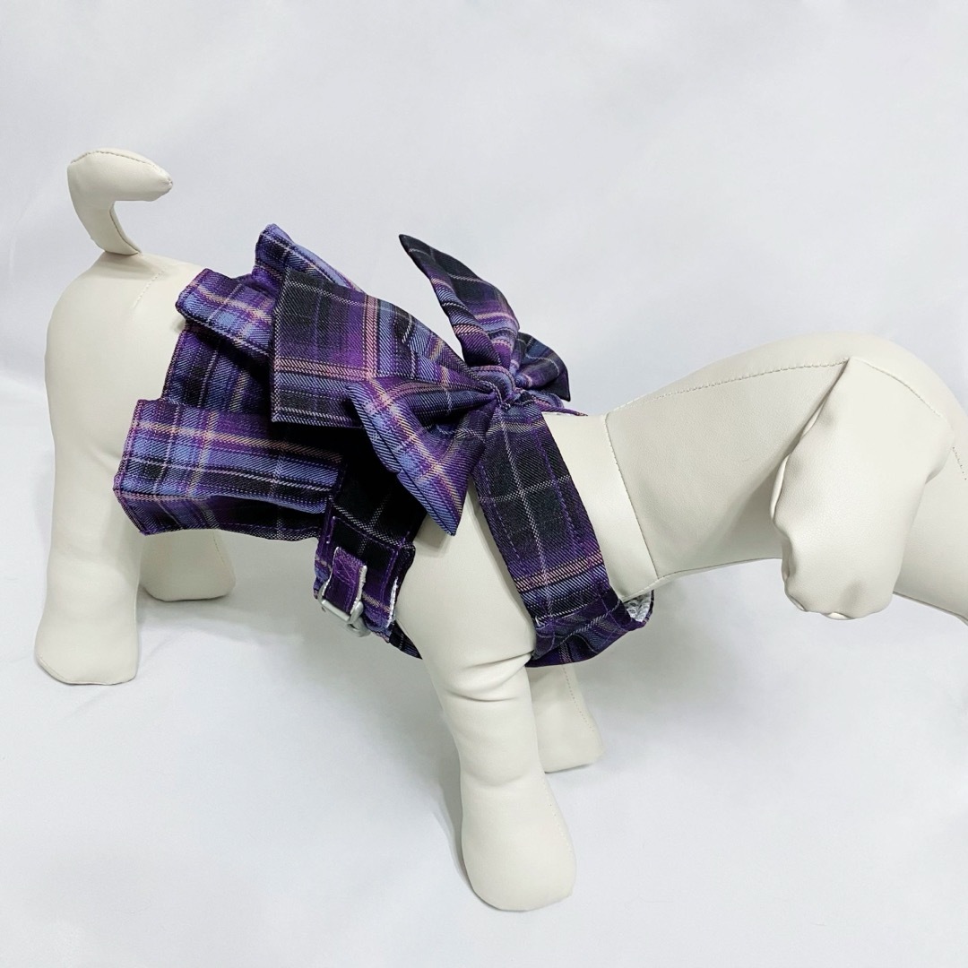 新品 L ビッグリボン チェック ハーネス リード セット （紫） 犬服 犬の服 その他のペット用品(犬)の商品写真
