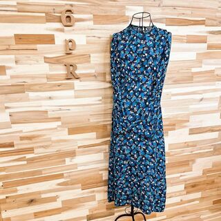 ザラ(ZARA)の【ザラ】花柄 バラ フラワー プリント ロング ワンピース 総柄 XS 紺×青(ロングワンピース/マキシワンピース)