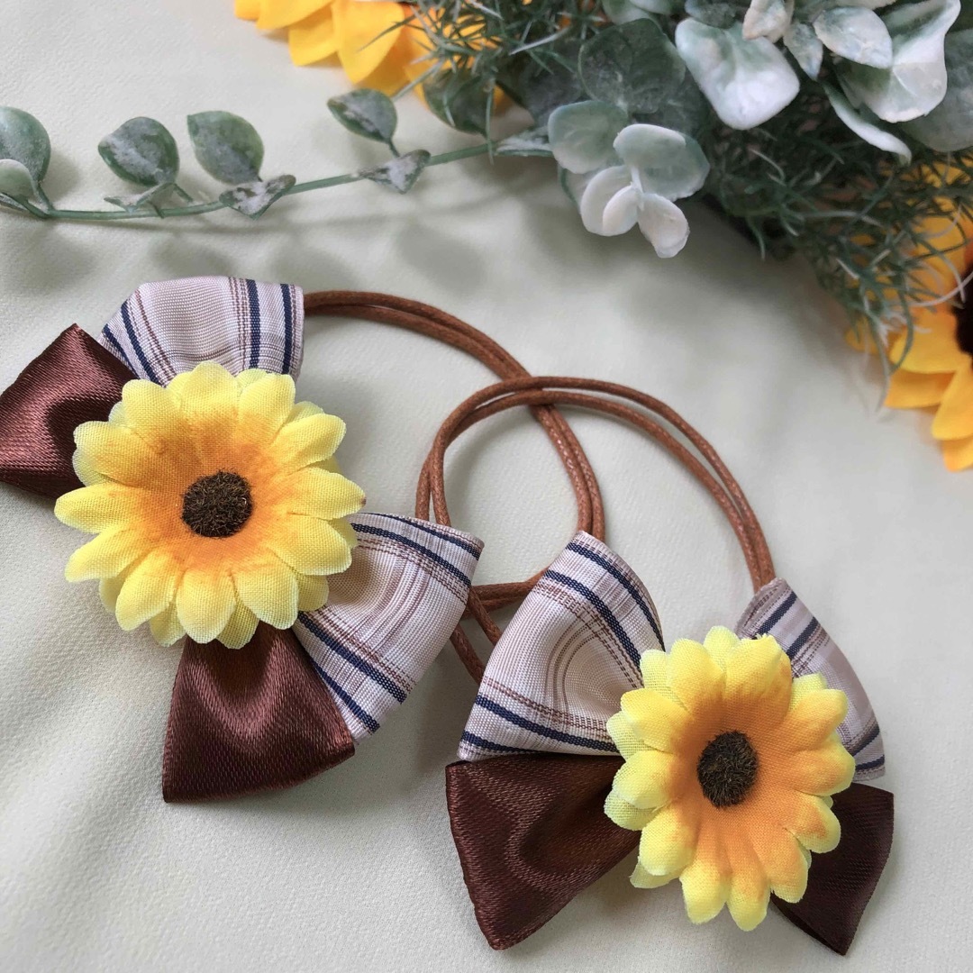 🌻向日葵チェックリボン🌻業務用チョーカー【18本】トリミング 🌻向日葵チェックリボン🌻業務用チョーカー【18本】トリミング