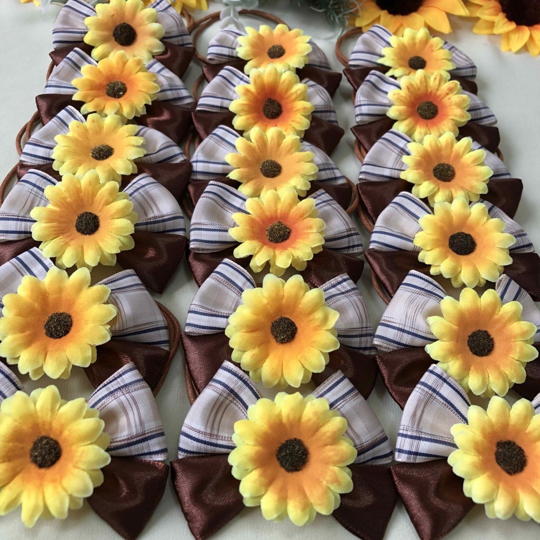 🌻向日葵チェックリボン🌻業務用チョーカー【18本】トリミング 🌻向日葵チェックリボン🌻業務用チョーカー【18本】トリミング