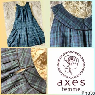 アクシーズファム(axes femme)のアクシーズファム★良品★首周り切り替えかわいい★タック入り★チェックワンピース(ひざ丈ワンピース)