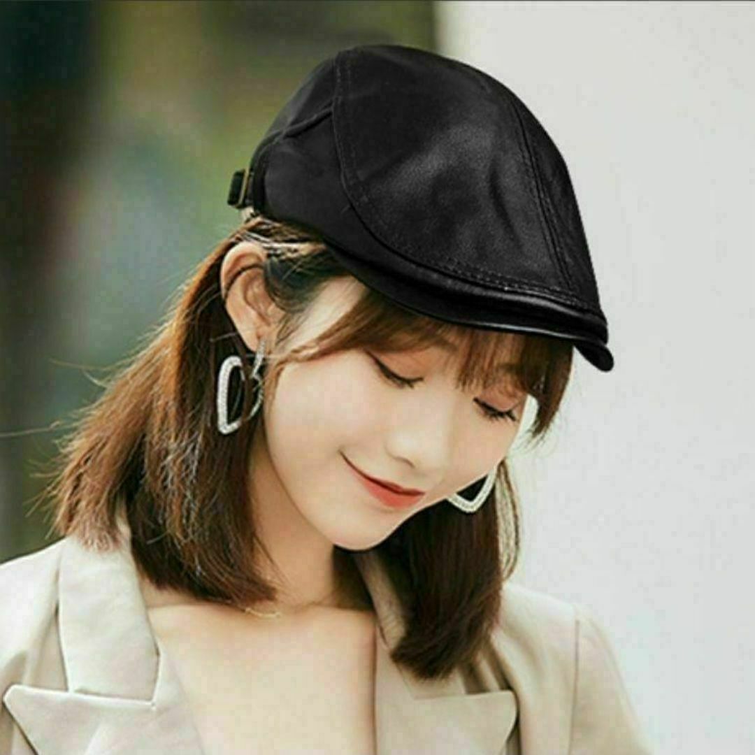 ハンチング PUレザー 帽子 ブラック ユニセックス レディース メンズ 黒 レディースの帽子(ハンチング/ベレー帽)の商品写真