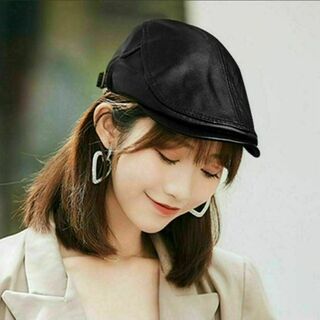 ハンチング PUレザー 帽子 ブラック ユニセックス レディース メンズ 黒(ハンチング/ベレー帽)