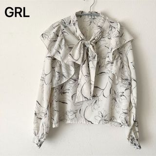 【美品】GRL ブラウス　レディース　S リボン　レース　花柄　ホワイト　グレー(シャツ/ブラウス(長袖/七分))