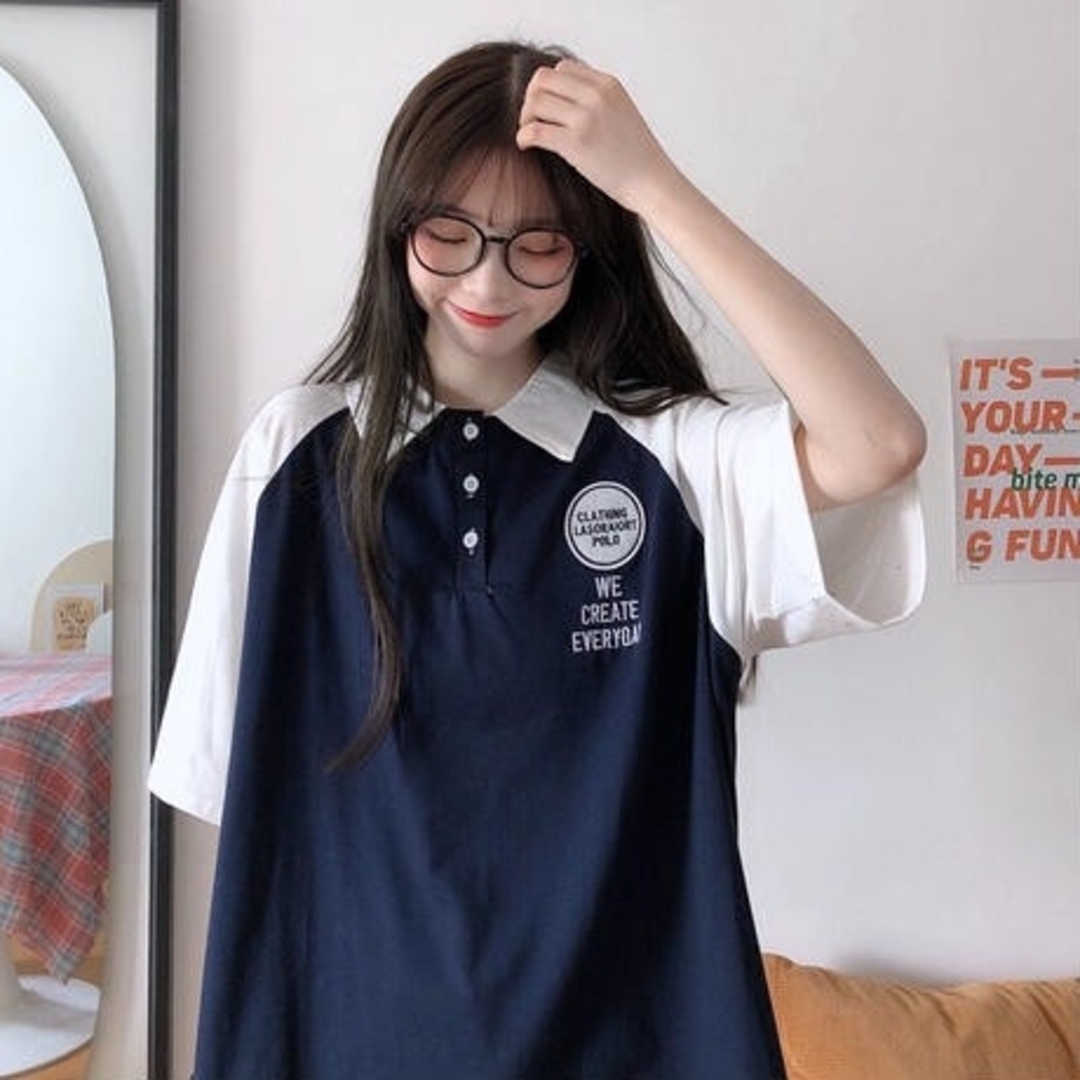 ビッグシルエット 韓国ファッション ポロシャツ レディース Lサイズ  ネイビー レディースのトップス(ポロシャツ)の商品写真
