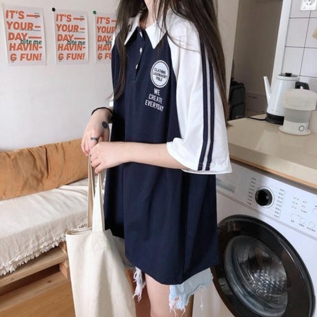 ビッグシルエット 韓国ファッション ポロシャツ レディース Lサイズ  ネイビー レディースのトップス(ポロシャツ)の商品写真