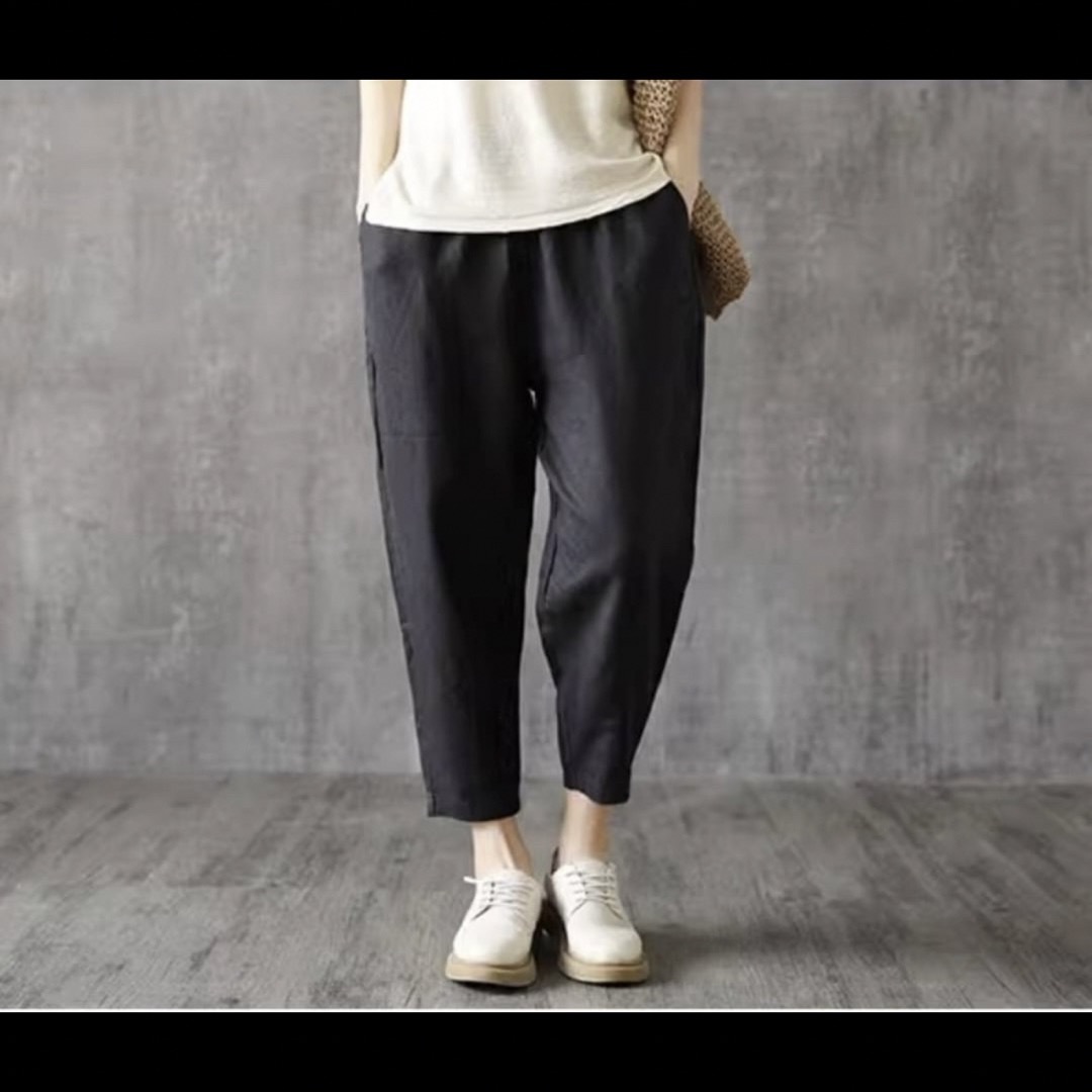 レディース 綿麻 パンツ 体型カバー 涼しい 9分丈 ゴム ポケット付き 無地 レディースのパンツ(カジュアルパンツ)の商品写真