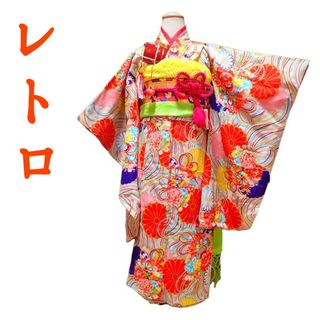 5歳-7歳　レトロ薄灰菊花薬玉　七五三　お着物フルセット　アンティーク(和服/着物)