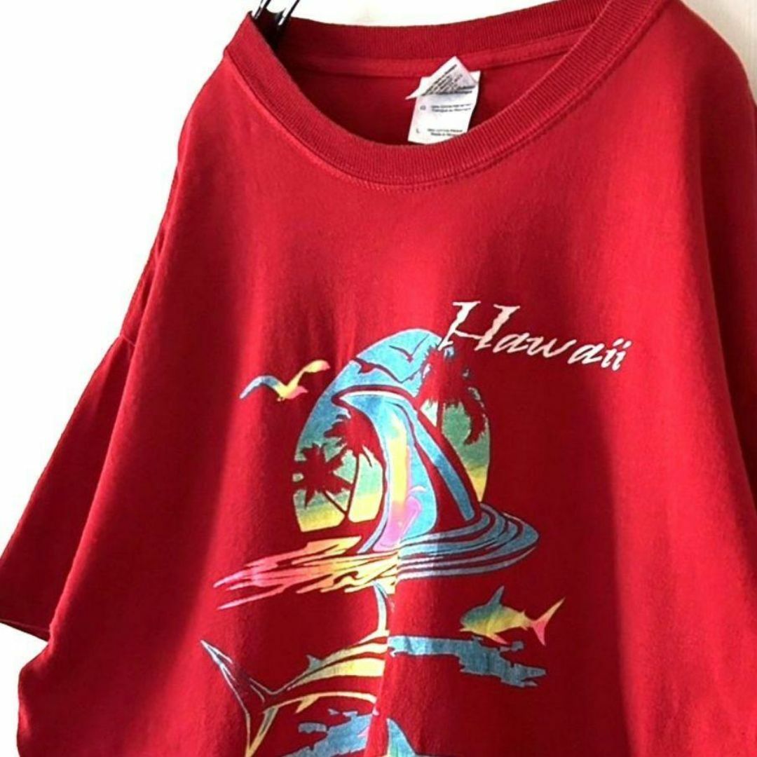 ギルダン ハワイ マウイ フィッシュ サメ Tシャツ L レッド 赤 古着 メンズのトップス(Tシャツ/カットソー(半袖/袖なし))の商品写真